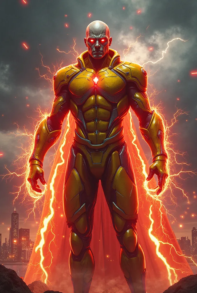 
A supervillain in an electrified yellow and red suit, of tight and futuristic design, with rays of red energy coursing through his body. His expression is terrifying and Machiavellian, with a perverse smile and bright eyes of Intense red color that seems ...