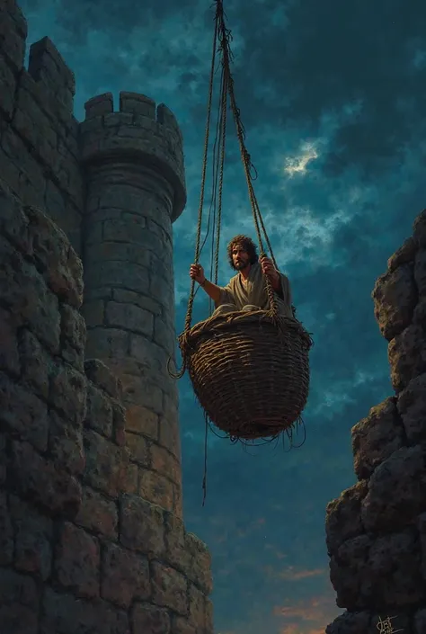 Paul of Tarsus at night being lowered by a wall inside a basket
