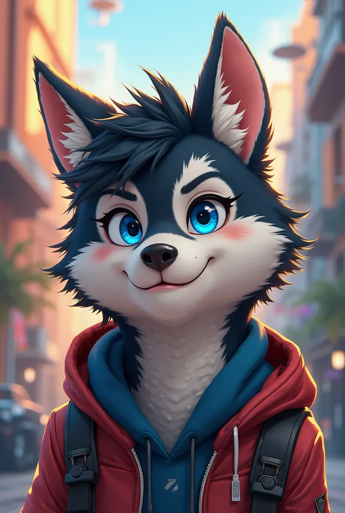 Husky, furry, anthropomorphic, boy, 25 year old, art, blue eyes, short hair, student