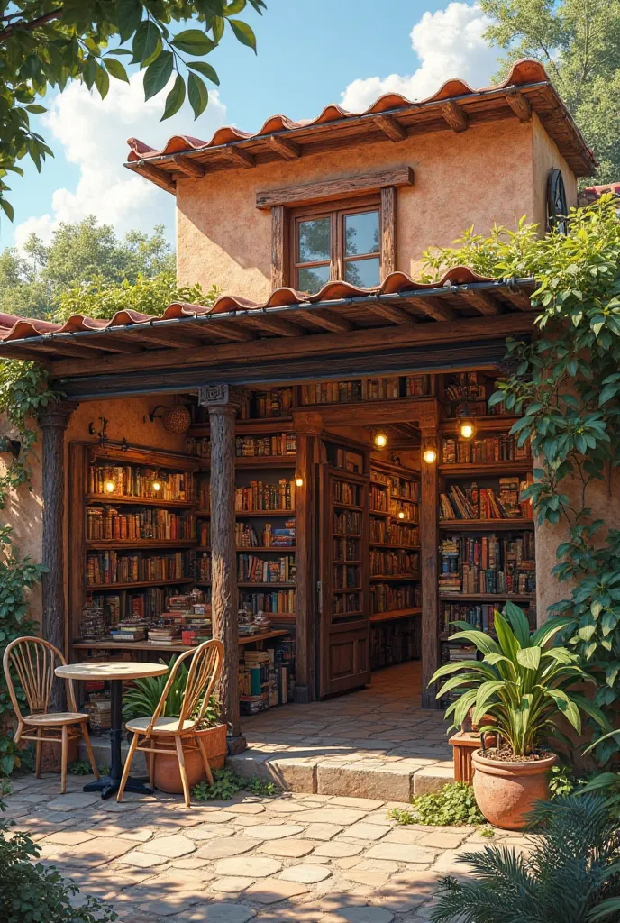 Single-storey bookstore cafeteria with a clay or adobe façade and metal structure 