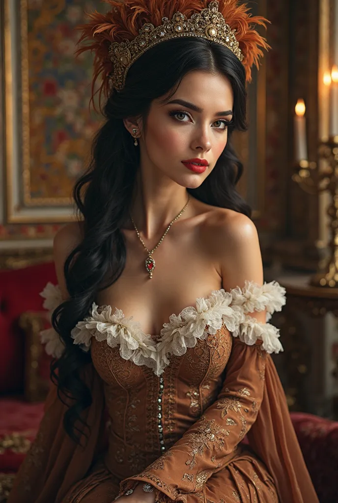 The total height of a beautiful woman with a splendid figure from 35 to 45 years, She is a hussar, full lips, red lipstick, The head wears a luxurious feather hat, wears a brown dolman and a brown mentik embroidered with white lace patterns and gold thread...