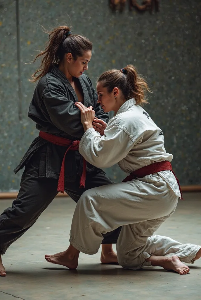 Two women doing a jiu-jitsu fight with kimoni on a mat,  with the slogan "Tuesday and Thursday at 18:00:30"