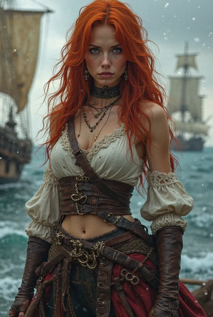 Rough, 20 year old redhead sexy pirate commander with nice figure and piercing. With nice interesting eyes and long hair. With angry expression.