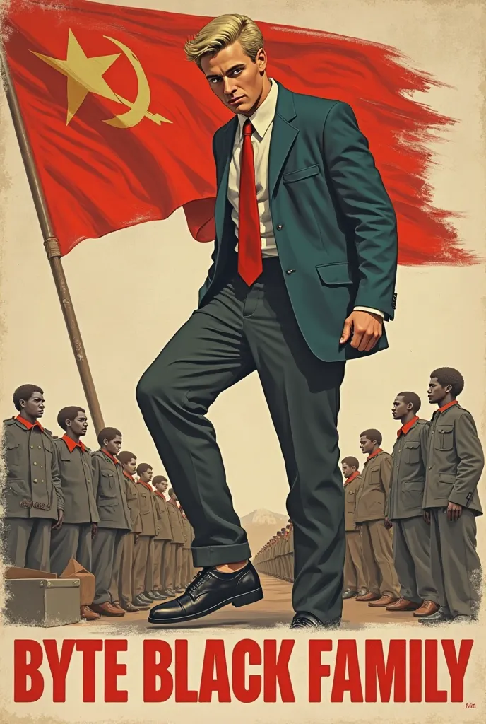 Create a poster in the style of the USSR ( example The Motherland is calling)  with an inscription, BYTE BLACK FAMILY, the post will feature a handsome 18-year-old man, with blond hair, tall white eyes, who steps on little black people with his big boot 