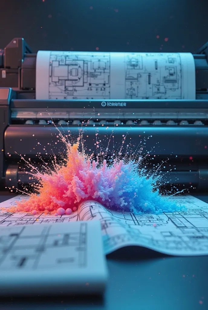 Hyper-realistic digital illustration of a modern printing solutions workspace. Show a high-tech industrial inkjet printer in action, with vibrant CMYK ink droplets suspended in mid-air (dynamic splashes, ultra-detailed). In the foreground, display premium ...