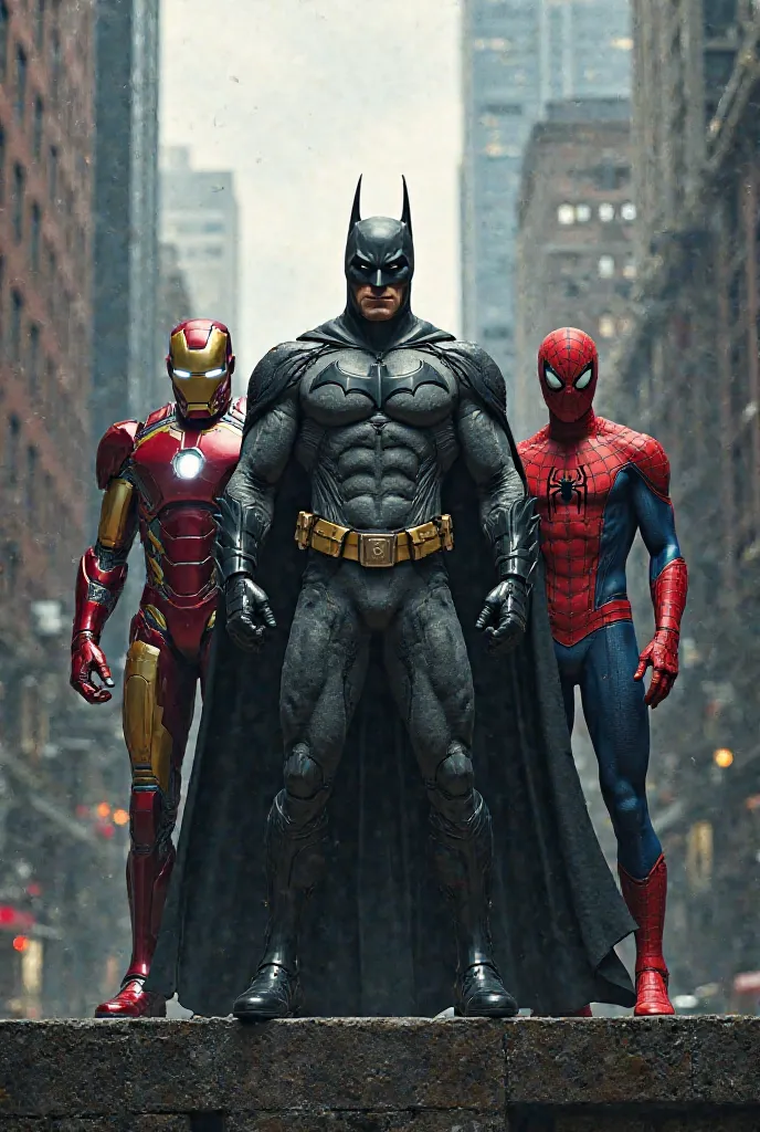 Make a photo where Batman and Ironman and Spiderman coexist 