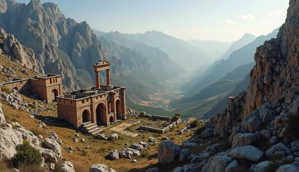 "A panoramic view of the rugged, mountainous terrain surrounding Termessos, with the ancient city's fortifications blending seamlessly into the landscape, the sun casting dramatic shadows on the stone walls, highlighting the ingenuity and determination of ...