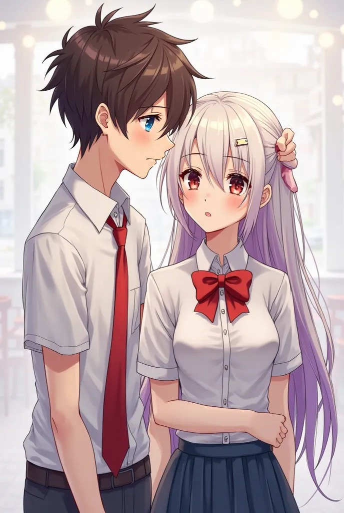 Create a couple with anime style, El Chico Cabello Café, with blue eyes, Let it be half brown, your clothes that are a white shirt with short sleeves, and a red tie , And the girl who has ruby eyes, your hair that is long with white color with purple tips,...