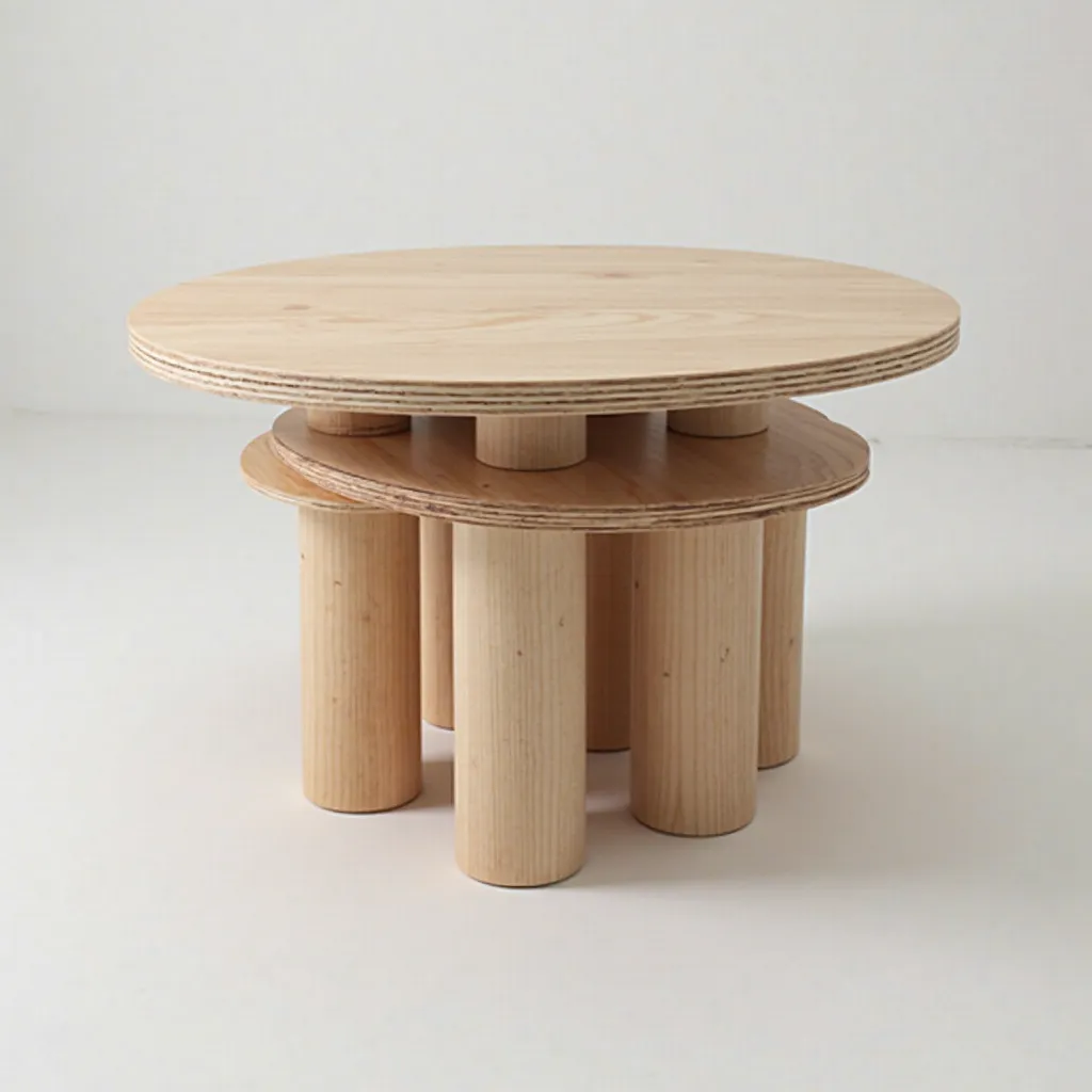 create a multi-piece side table that has several flat cylinders stacked stacked stacked. each flattened cylinder, It is 7 cm high by 60 cm in diameter. the cylinders are not aligned, are slightly out of alignment. There are 8 in total