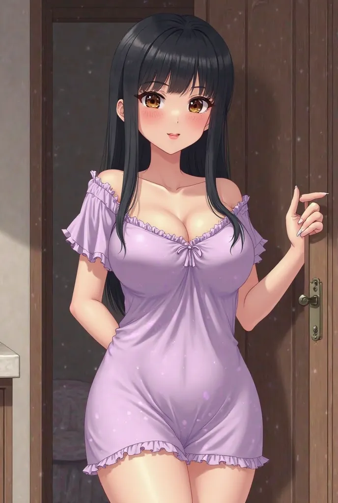 create a woman who looks like she's 40 years old in anime style with long straight black hair, brown eyes, white skin, a mole in the lower left corner of her mouth, pink plump lips, wearing a short lilac nightgown that barely covers her big milky breasts, ...