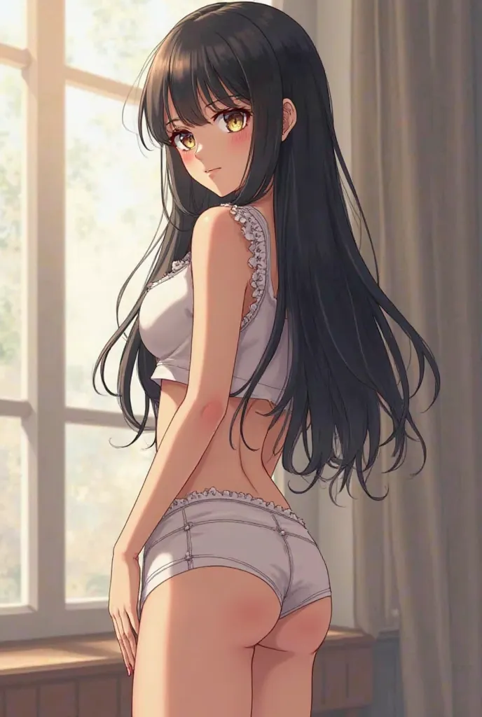 An anime of me long black hair with honey bangs 175 cm has a little nose and an ovale face with light eyes and small ears , facing by profile and wearing a crop rop with small boons and a big ass fitted in shorts that show half of my ass