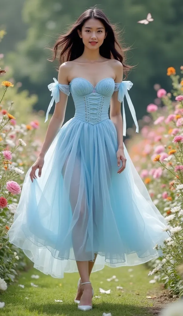 A stunning, light blue off-the-shoulder midi dress is worn by a model standing gracefully, her full body elegantly showcased. The dress features a structured, corset-style bodice with sheer paneling, creating a striking contrast against the delicate pleate...