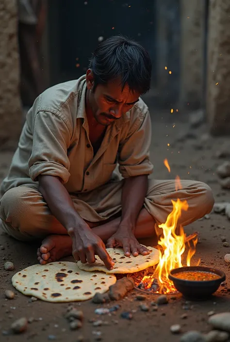 : chapati with a small portion of rice or flatbread with a sauce cooked over a fire poor indy