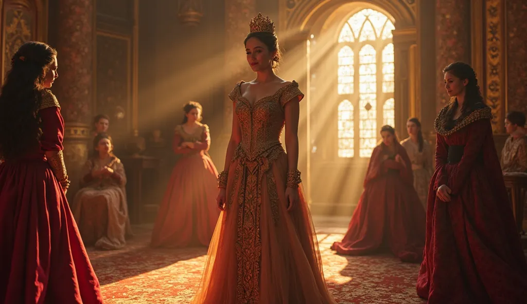 A hyperrealistic cinematic scene set in the Ottoman Empire of the 1550s, capturing a moment of transition in the imperial harem. Mihrimah Sultan, the beloved daughter of Suleiman and Roxelana, is shown assuming control of the harem's affairs. The setting i...