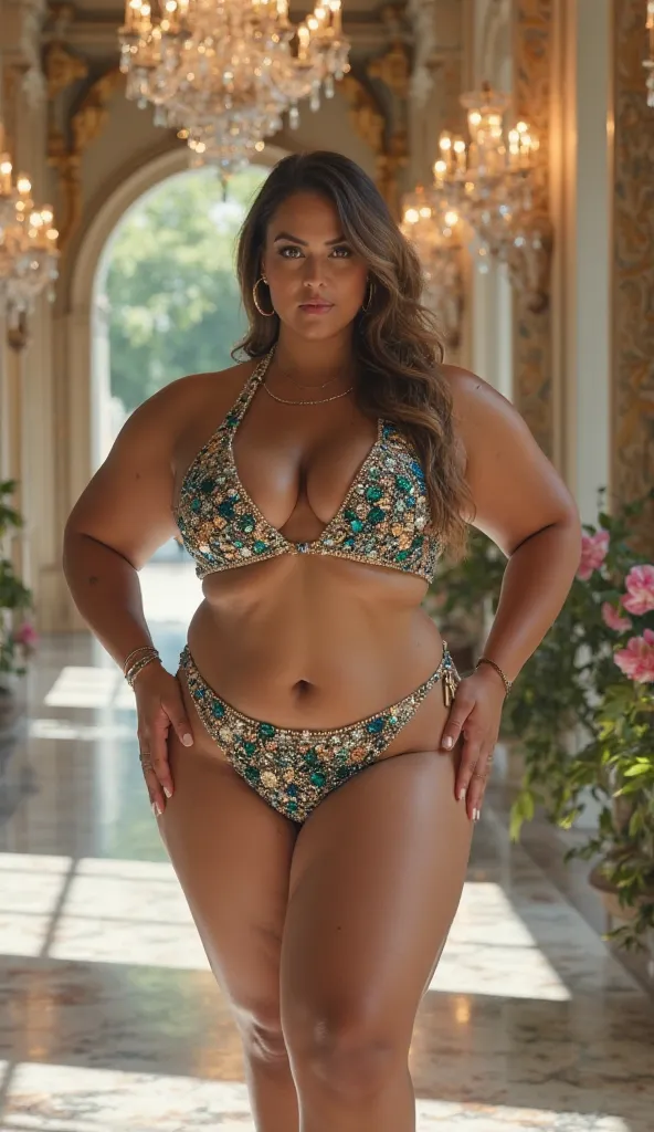 A confident 40-year-old woman, 5'8" tall with a voluptuous, plus-size frame, stands at a ¾ angle, hands on hips, exuding boldness and elegance. She wears a luxurious halter-neck bikini adorned with shimmering blue, green, and gold gradient stones, paired w...