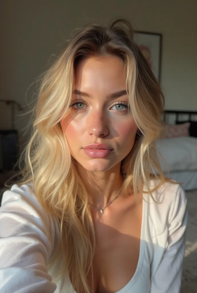 FOR instagram taking a selfie of a ,Ukraine Woman, , long, blonde hair , tan  skinny, , blue eyes ,beautiful lips makeup, ,  A chic young woman sitting in a bedroom wearing a open shirt top on . catching the soft afternoon sun   looking amazing 