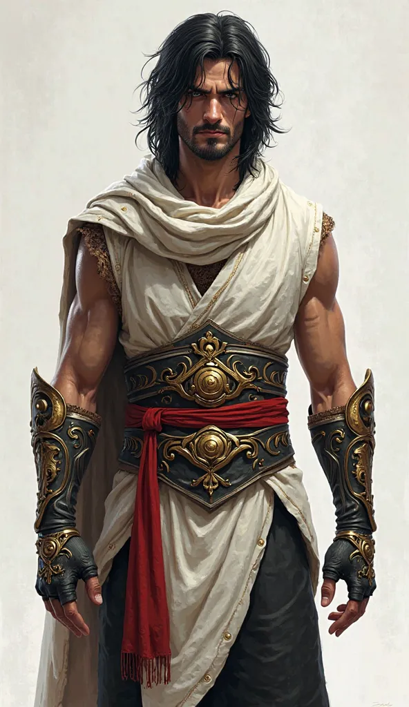 The figure depicted is the Prince from the Prince of Persia. He stands tall with a stern expression on his face, his features betraying a hint of weariness. His dark hair is long and somewhat unkempt, framing his face and falling to just below his shoulder...