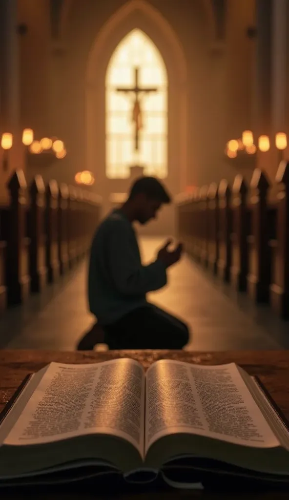 A serene church interior, candles flickering, an open Bible resting on a wooden table.
The highlighted verse: "Em tudo dai graças, porque esta é a vontade de Deus em Cristo Jesus para convosco." – 1 Thessalonians 5:18.
A silhouette of the person kneeling i...