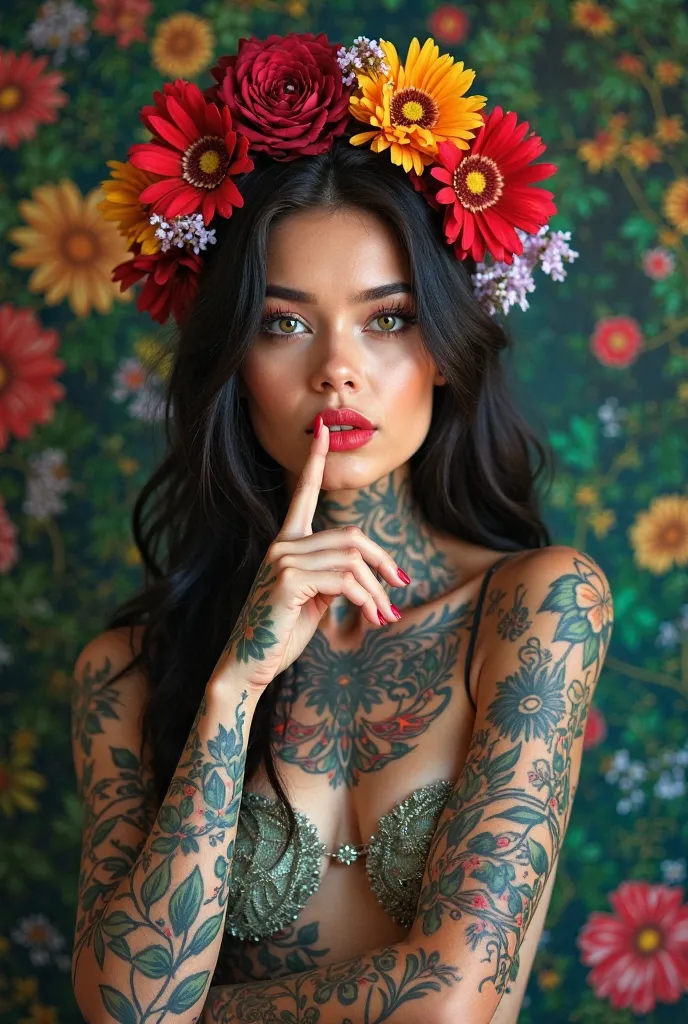 Create a captivating portrait of a woman with striking features and vibrant, colorful tattoos covering her arms and neck. She has long, dark hair adorned with floral accessories and bright, expressive eyes. The background is a lush display of rich green fo...