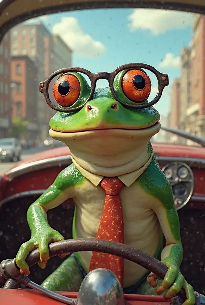 A frog with glasses with a tie driving a car