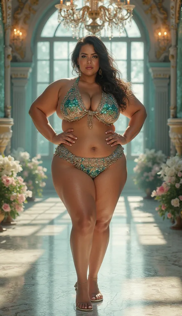 Posture and Stance:
A confident 40-year-old woman stands at a ¾ angle, hands on hips, exuding boldness and elegance. Her toned legs and flat stomach complement her voluptuous, plus-size frame.

Body Proportions:
5'8" tall, with broad shoulders, a large bus...