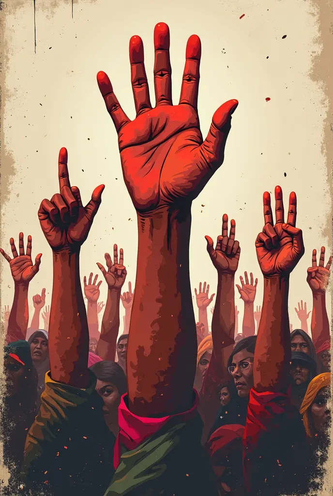 Please make a poster about women rise their voice please make sure it will be Bangladesh context no figure only hands which will be symbol of protest. Please highlighted the women hands
