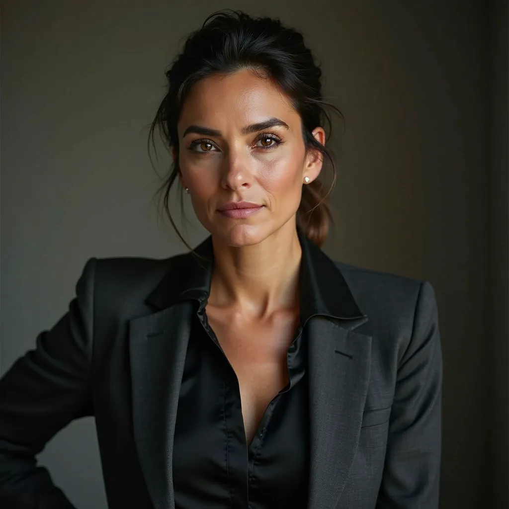 Elena Vargas, 38 years old, slender and impeccable posture, faces the camera with a neutral expression,  almost impenetrable . Your skin, lightly tanned, contrasts with dark brown eyes, that observe with a quiet intensity, fruit of years unraveling crimina...