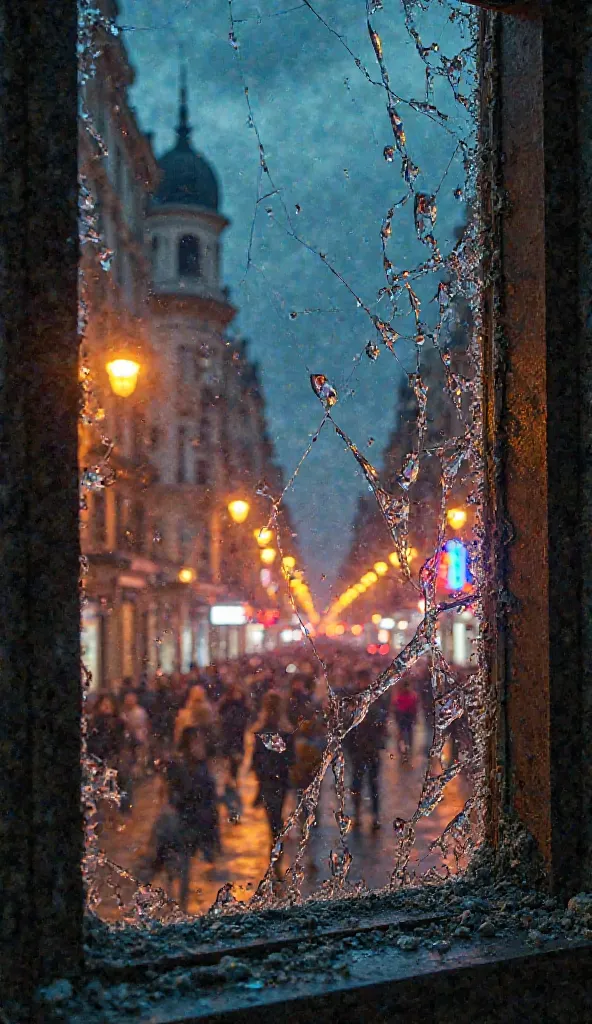 Picture of broken window glass, Background of La Gran Vía Madrid at night with degraded lights