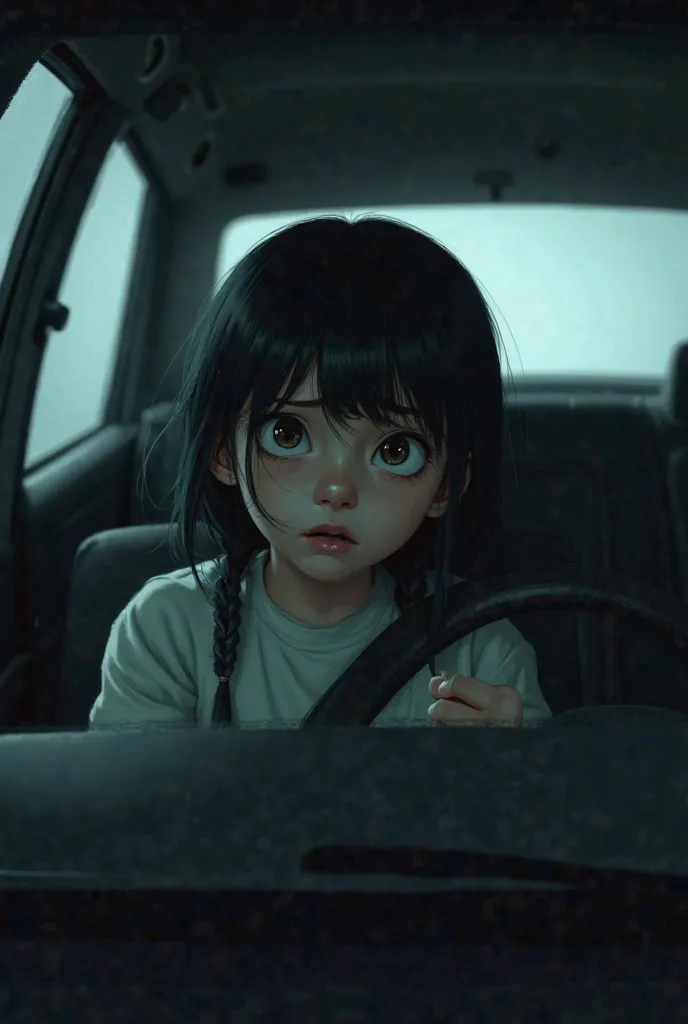 A scared age girl in a car 