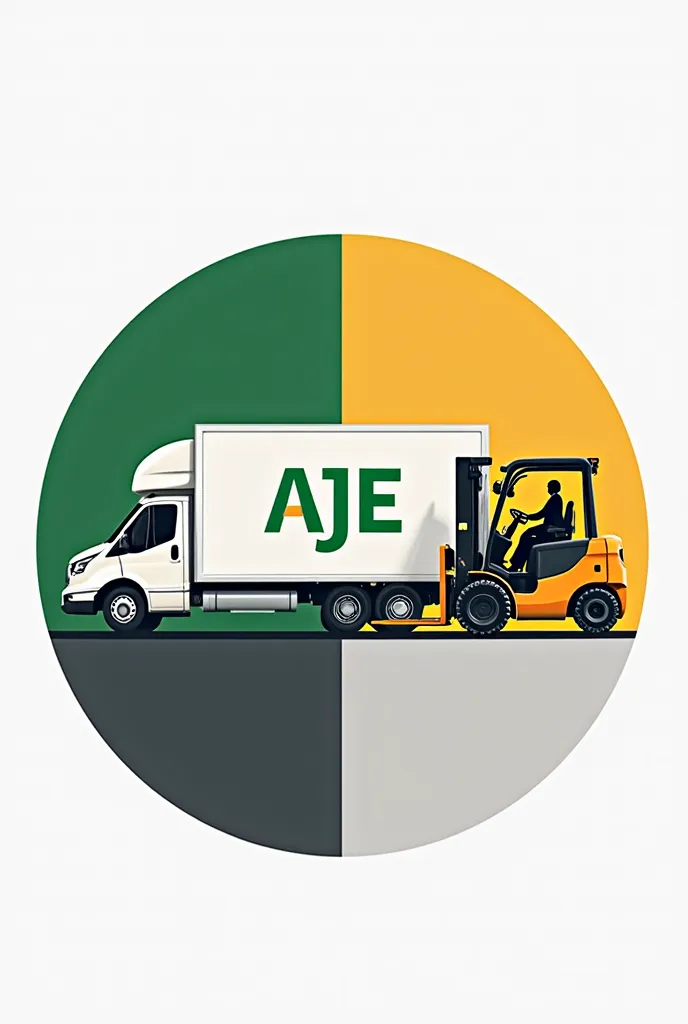 A circular logo, divided in half by a vertical ray, On the right side a forklift, On the left side a truck with a van, In the van it must have the letters AJE in green, none of the vehicles must have a visible mark, The entire logo in color 