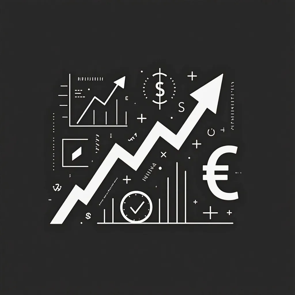 A minimalist black-and-white composition of market and business symbols: rising arrows, stock charts, currency symbols (dollar, euro, yen), abstract graphs, dynamic lines, modern and professional design, symbolic of growth, analysis, and diverse opinions, ...