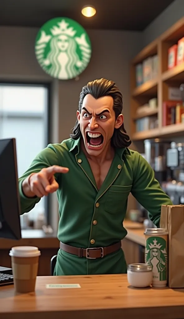 The Loki is at the counter of a Starbucks store, acting as an attendant, but now he is furious. With one hand on the counter and the other pointing at the spectator, your mouth is open in a circle, As if you were screaming in anger.  His expression is inte...