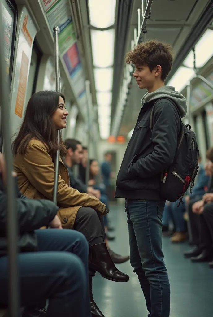 Woman sitting on a subway seat next to another man. she is looking and smiling shyly at another boy who is traveling standing in the subway. He also looks at her from a distance. They both look at each other