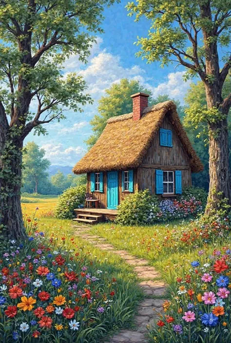 Idyllic landscape: A cottagecore rendering of a wooden cottage with cerulean shutters and a thatched roof, its deck a riot of ferns and colorful flowers. A vibrant wildflower meadow unfolds before it, framed by colossal trees. Blue sky with cirrus clouds. ...