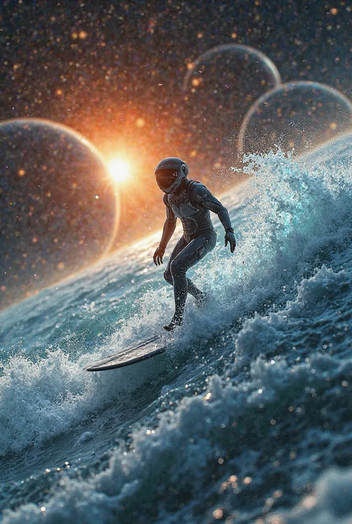 A surfer in a space suit who surfs among the planets of the solar system
