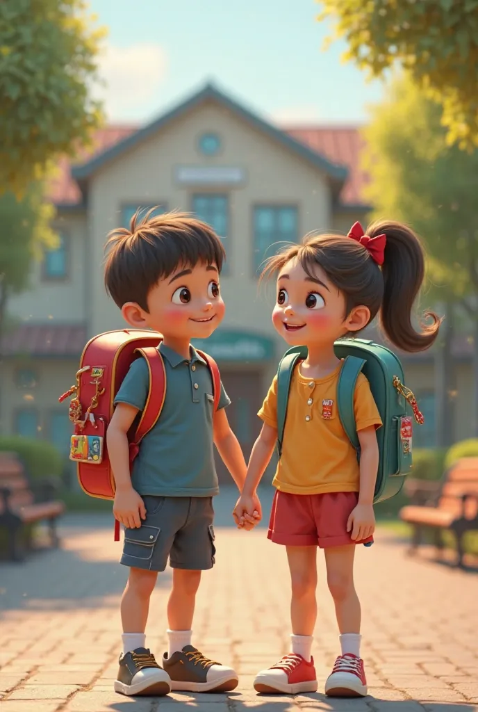 A boy and a girl are standing with school bags