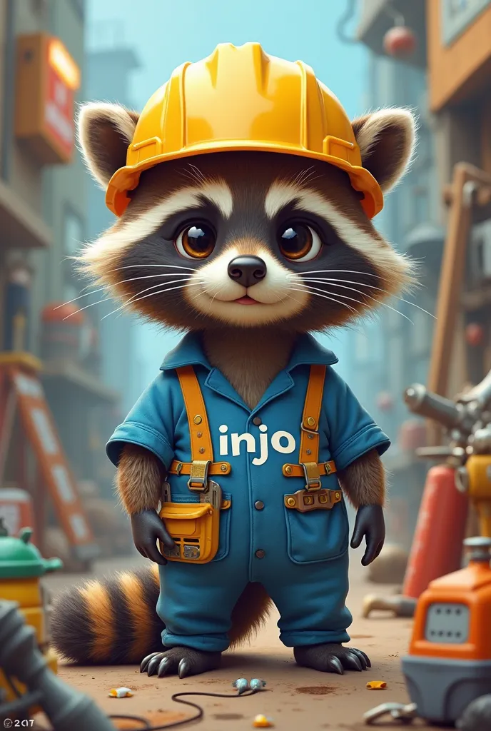 Cute raccoon electrician with yellow helmet blue shirt that says Injo