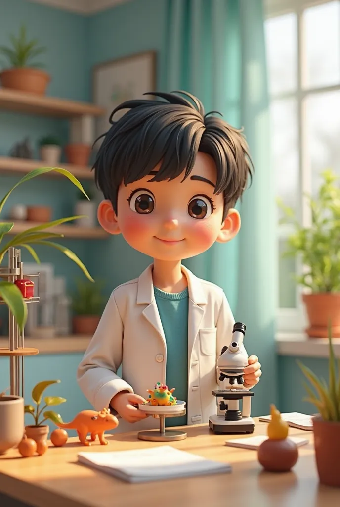 create an image that visualizes an entry-level science area, Where you can see a rack at ren's height with magnifying glasses, Toy animals, toy microscope is a plant (this area must be organized )