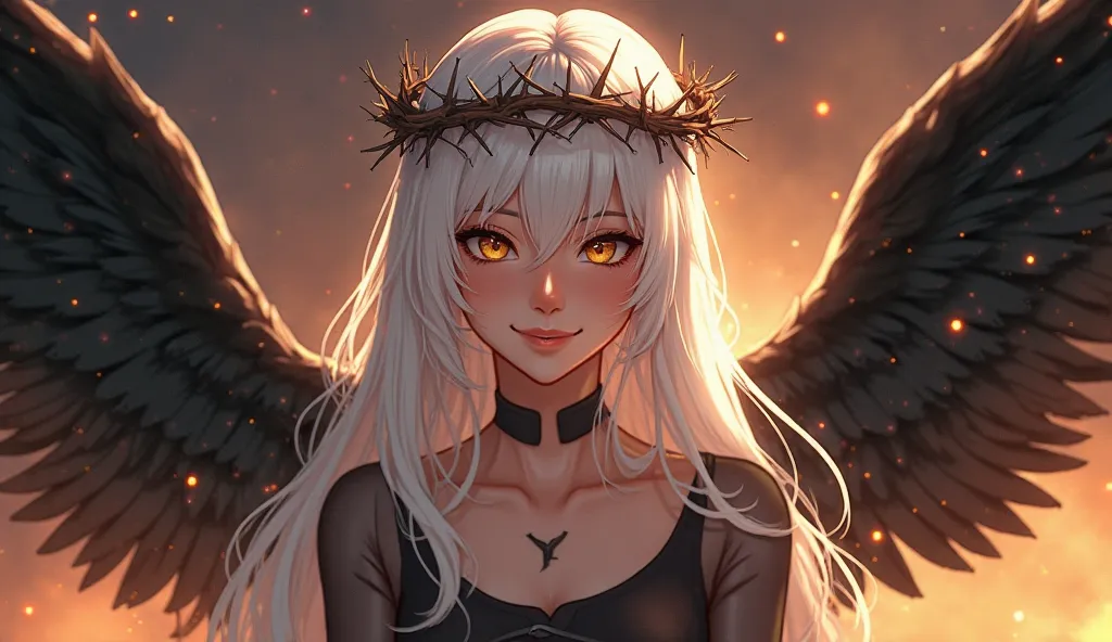 Digital illustration of a young woman with long white hair and yellow eyes. she is wearing a crown of thorns on her head and has two large black wings on either side of her body. the wings are spread out behind her, creating a sense of power and strength. ...