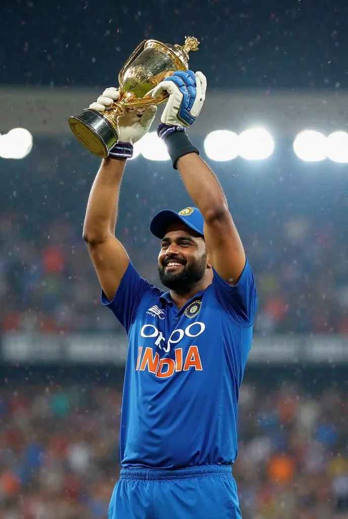 Rohit sharma is lifting champions trophy cup 
