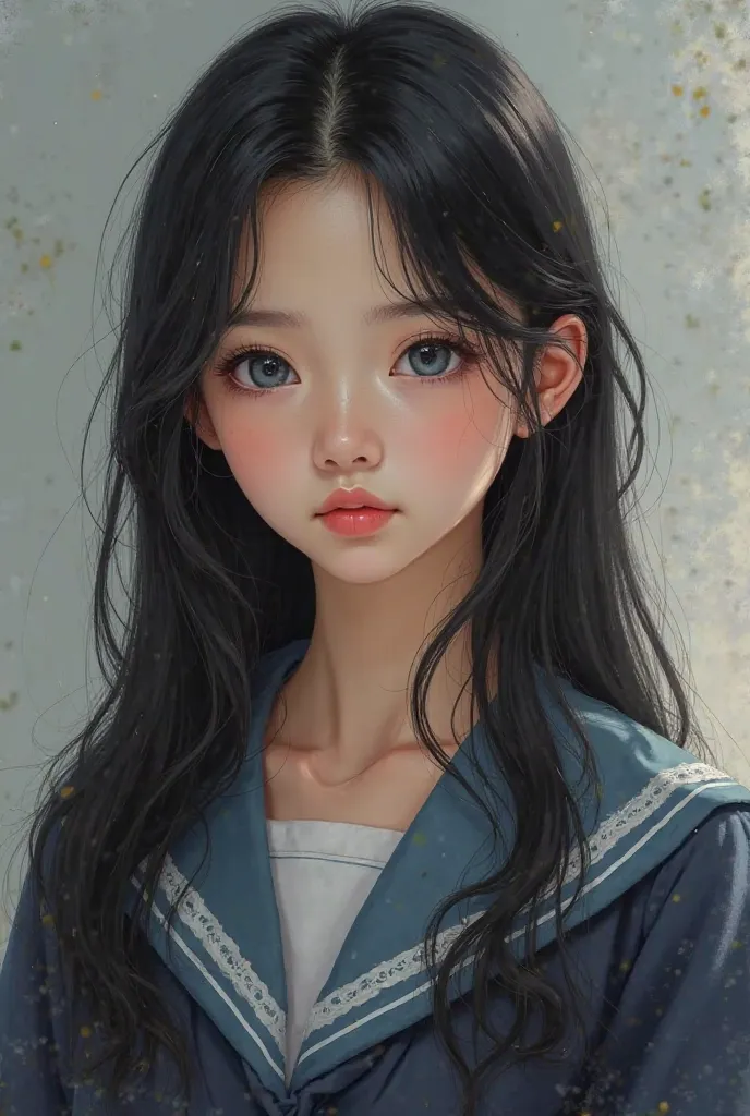 Can you create the face of a 15-year-old girl with dark blue eyes,a very pretty girl with straight black hair up to her elbows who wears a school uniform,create the realistic image