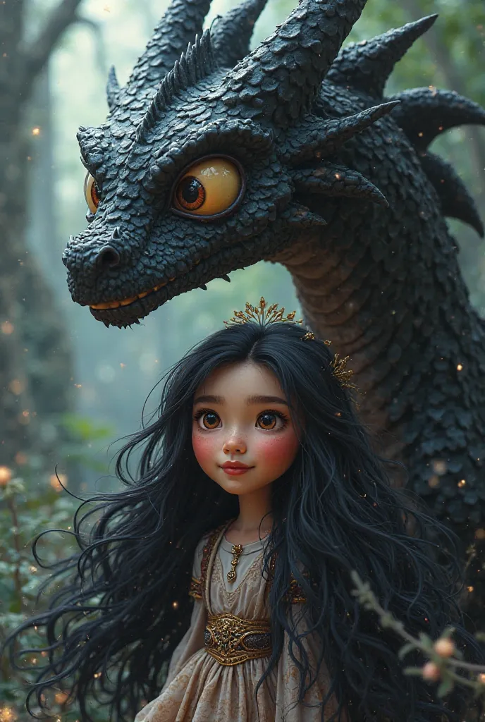 A cartoonish game female caracter with very long black hair big eyes and a black dragon