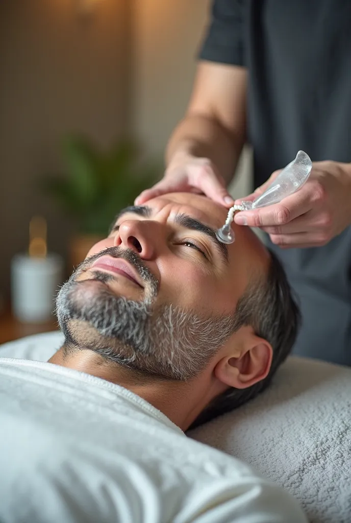 Let's say a man with very thin hair is getting a hair treatment at a health center. Let's say the image is blurry and close-up.