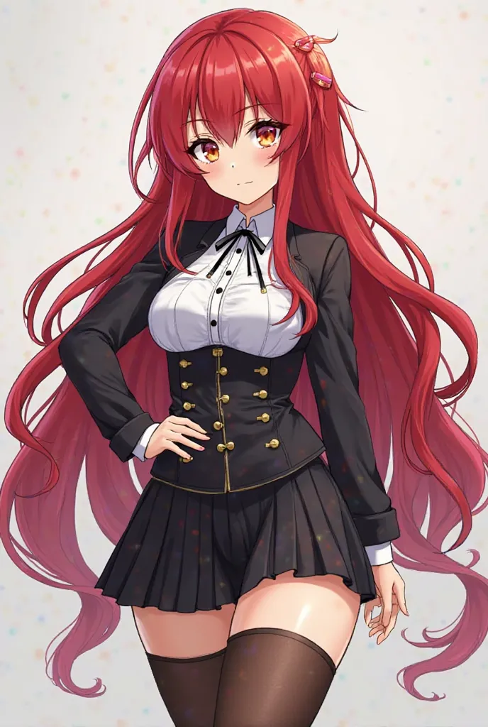 An oc-anime about a girl with long ruby red hair, wavy yellow eyes with red, with wide hips, chubby breasts and legs and who has a very short black mini skirt that reaches her butt and a black and white blouse attached to her chest very tight and some long...