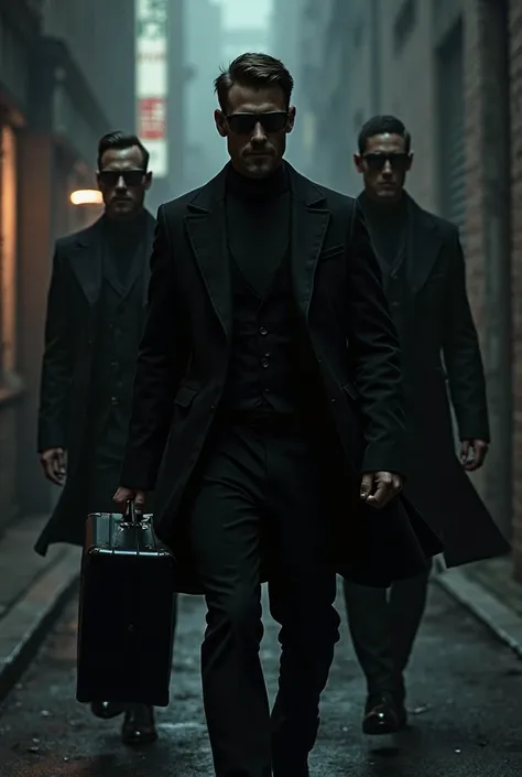 3 secret agents wearing black and dark glasses carrying a secret suitcase 