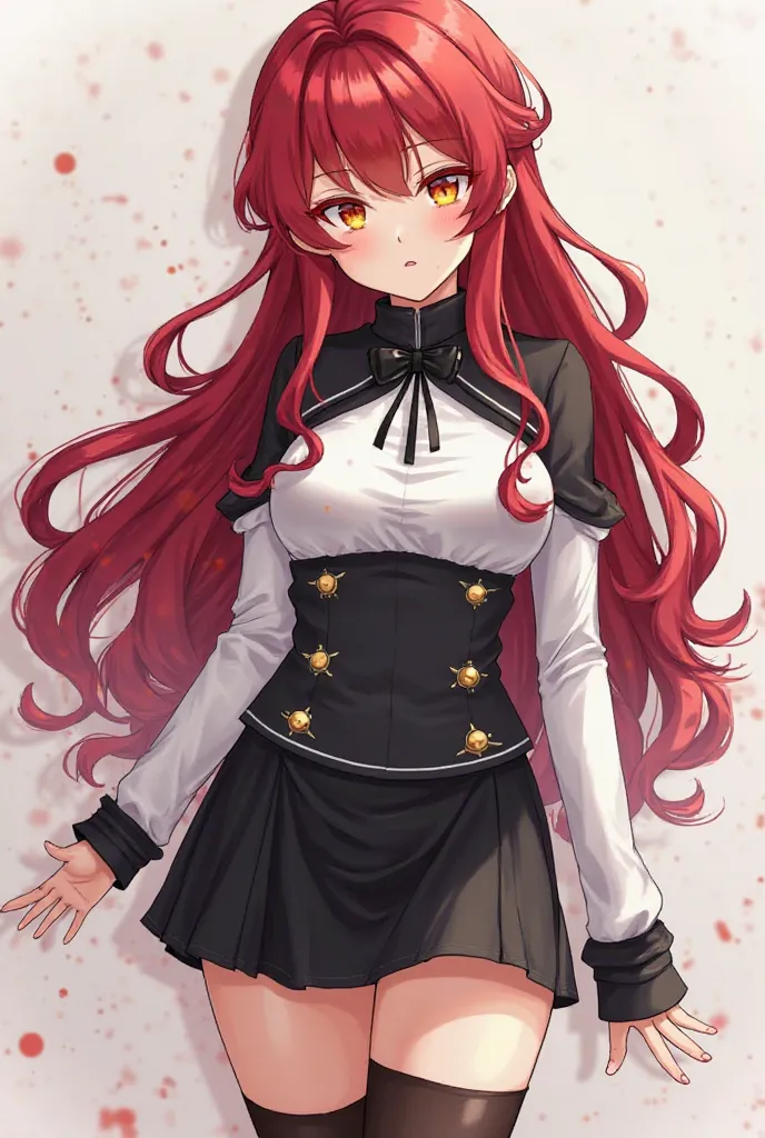 An oc-anime about a girl with long ruby red hair, wavy yellow eyes with red, with wide hips, chubby breasts and legs, and who has a very short black mini skirt that reaches her butt and a black and white blouse attached to her chest that is very tight and ...