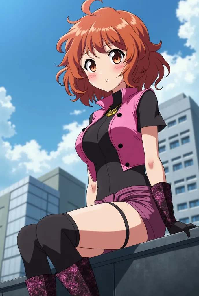 Screenshot of the anime My Hero Academia 
Girl with curly copper and medium hair without bangs.
has large reddish brown eyes with long eyelashes and thick black eyebrows. Curvaceous body with medium build. She has a calm and tender expression, wears a blac...