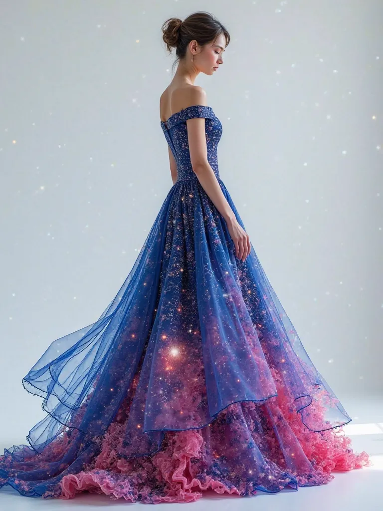 a realistic fashion illustration of a modest dress inspired by the colors of a galaxy, tulip-shaped silhouette, graceful, detailed facial features, high-quality,masterpiece,photorealistic,HDR,physically-based rendering,vibrant colors,cold palette,Galaxy co...