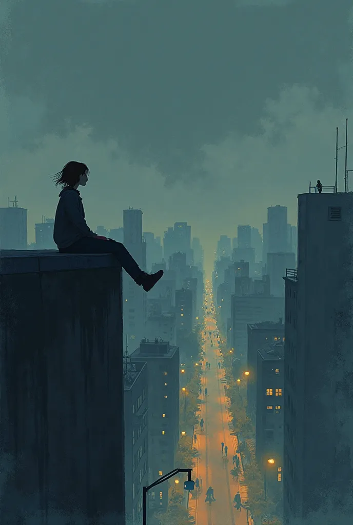 A melancholic, hand-drawn animation with soft, sketchy lines and a textured, grainy effect. Muted blues, faded golds, and soft greys create a dreamlike, introspective mood. The animation flows poetically with slow, cinematic transitions.

Scene 1: The Roof...