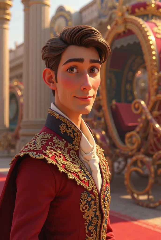 Create a 30-year-old fair-skinned Disney Pixar-style prince, brown hair, Brave countenance, Close to a carriage 